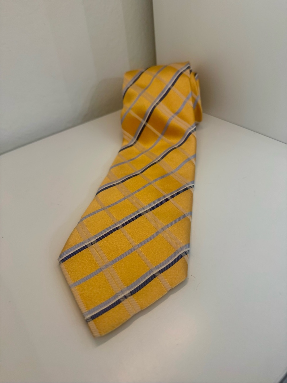 Faconnable Silk Tie Handmade Italy Yellow Blue Plaid